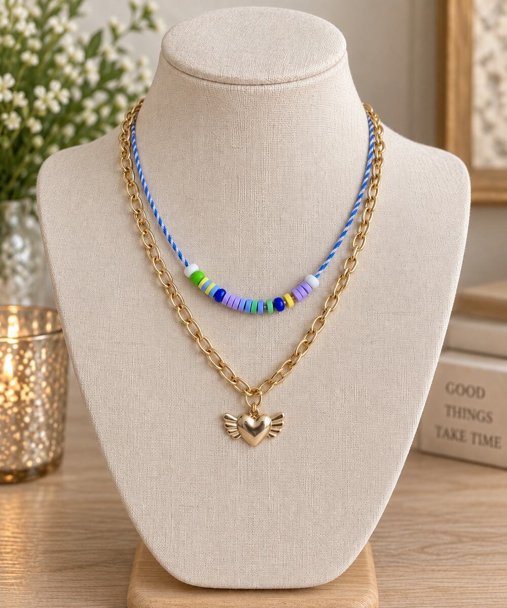 BP. Layered 2 Tier Gold Tone Chain & Blue Rope Beads Necklace Heart Wings
